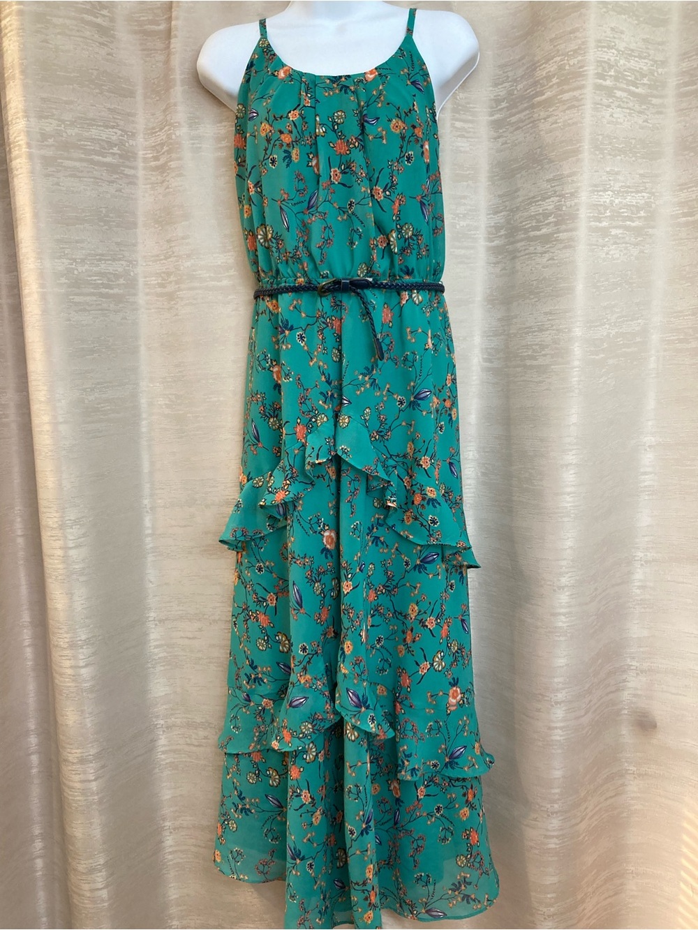 Robbie Bee Teal Floral Sleeveless Maxi Dress with Navy Braided Belt size 8
